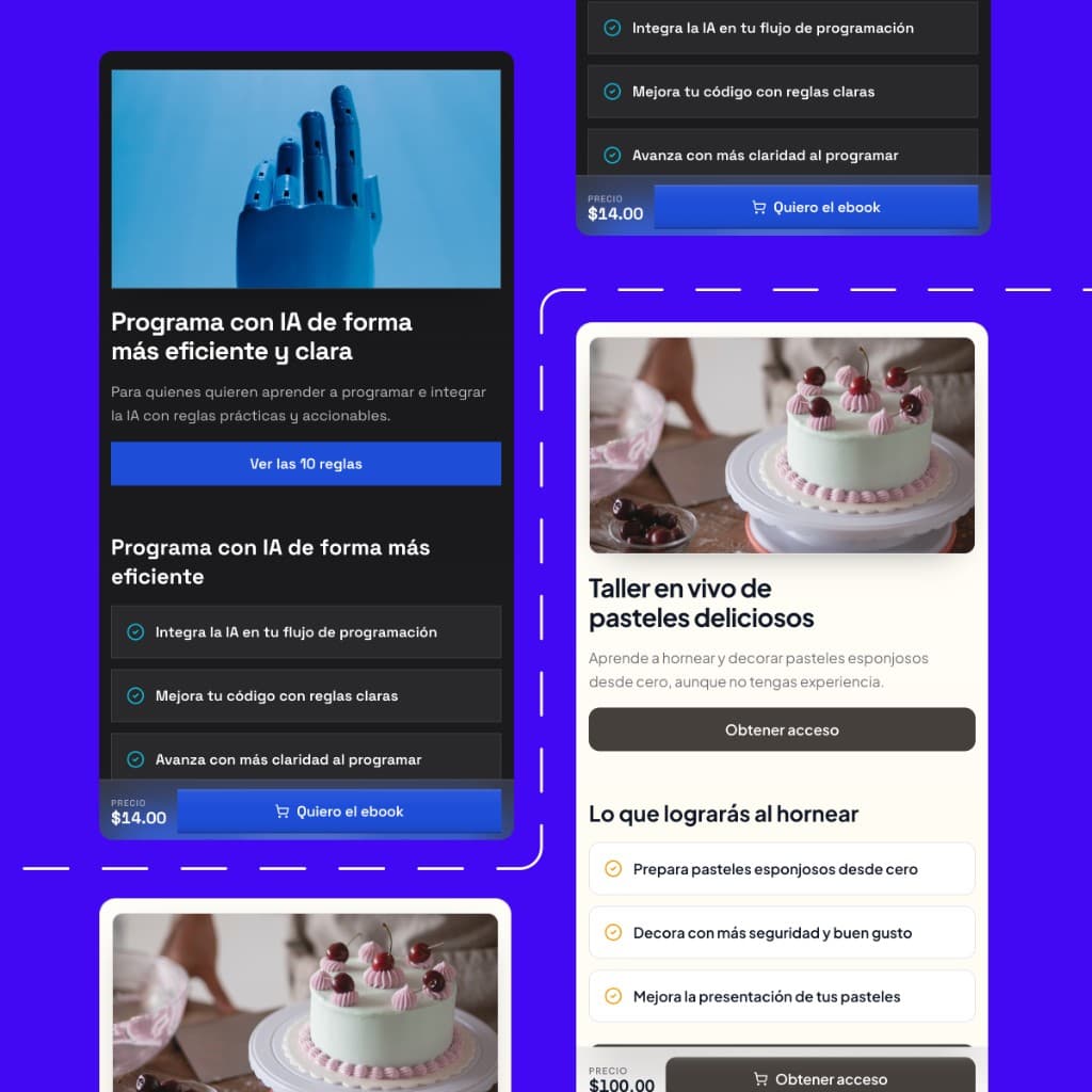 Sales pages for an AI programming ebook and a pastry workshop.